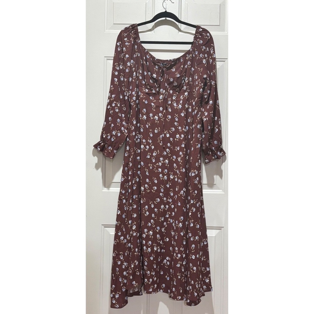 Iconic Brown Floral Smocked Back Midi Dress Long Sleeve Slit 2XL Cottagecore
